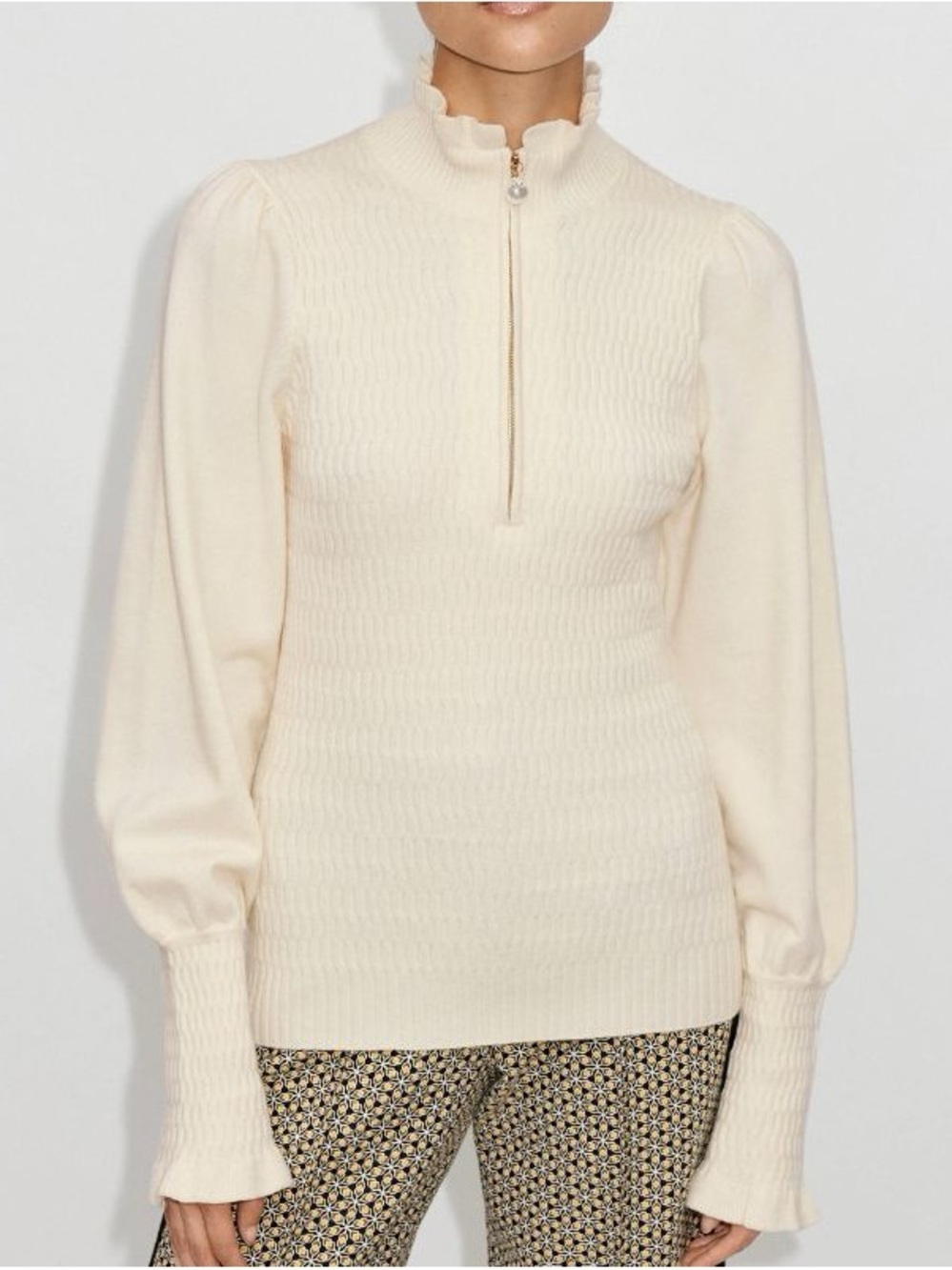 ME+EM Merino Wool Quarter Zip Stretch Smocked Pearl Detail Sweater Cream LARGE